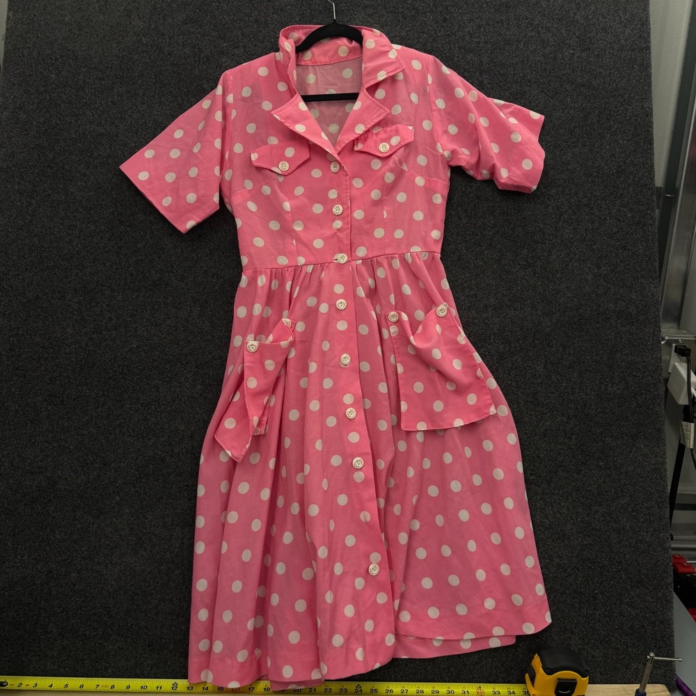 Vintage 70s Pink Polka Dot Shirt Dress Short Sleeve Midi Rockabilly Pockets